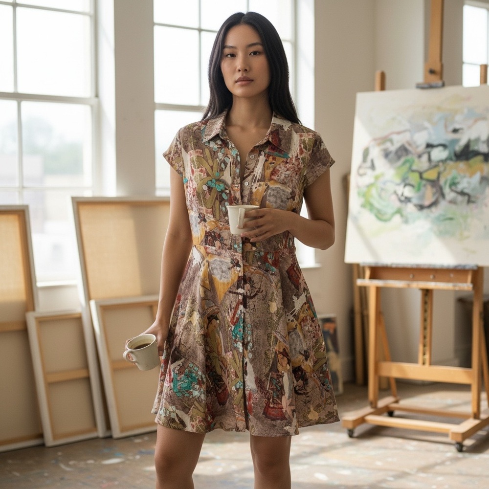 YUJIA Wearable Art Figurative Print Collared Button Front Fit & Flare Dress L